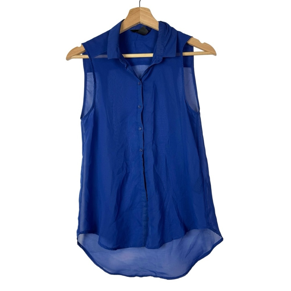 H&M Royal Blue Collared Chiffon Button Down‎ Sleeveless Top 2